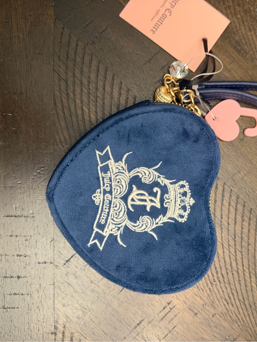 Juicy Couture Navy Velvet Heart Wristlet Pouch with Crest Embroidery